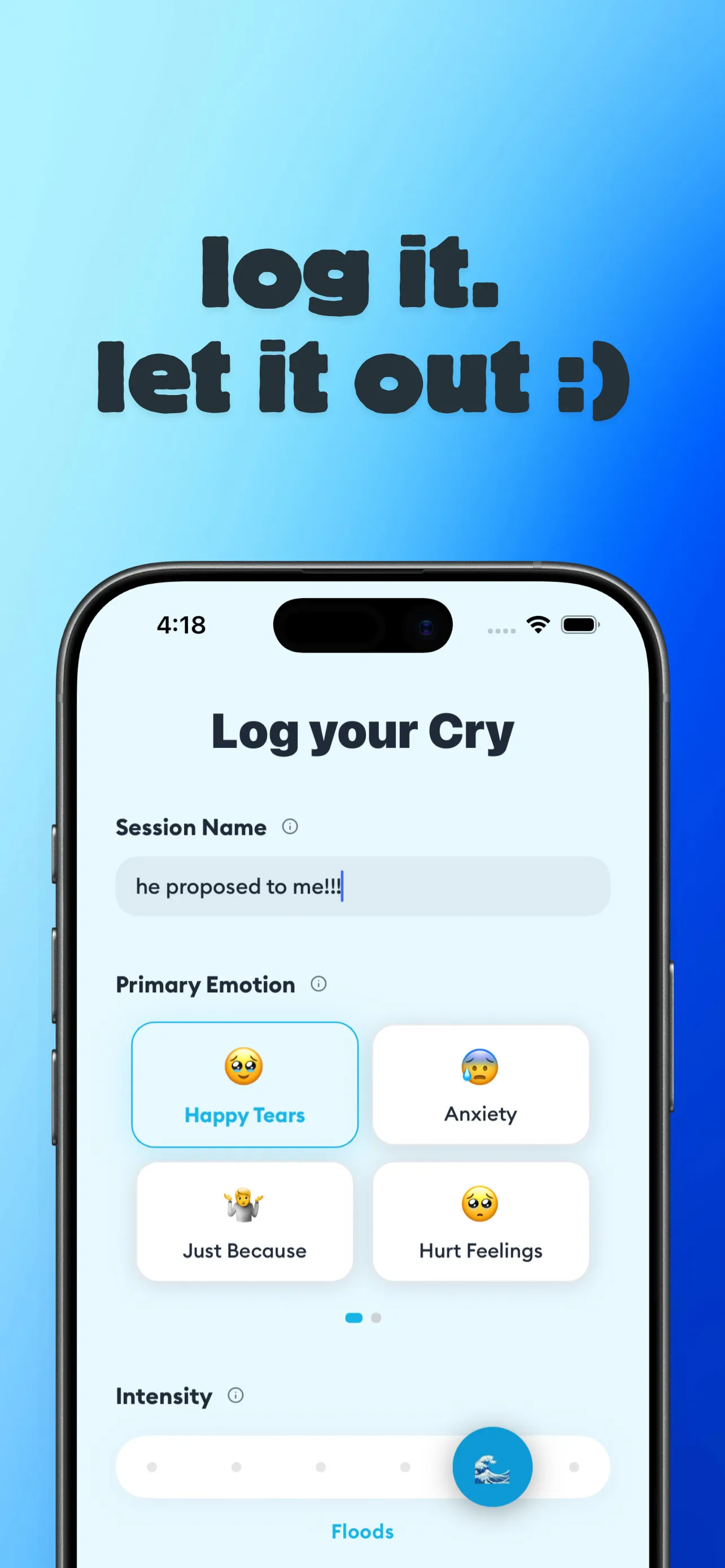 Log your Cry — emotion picker and intensity slider