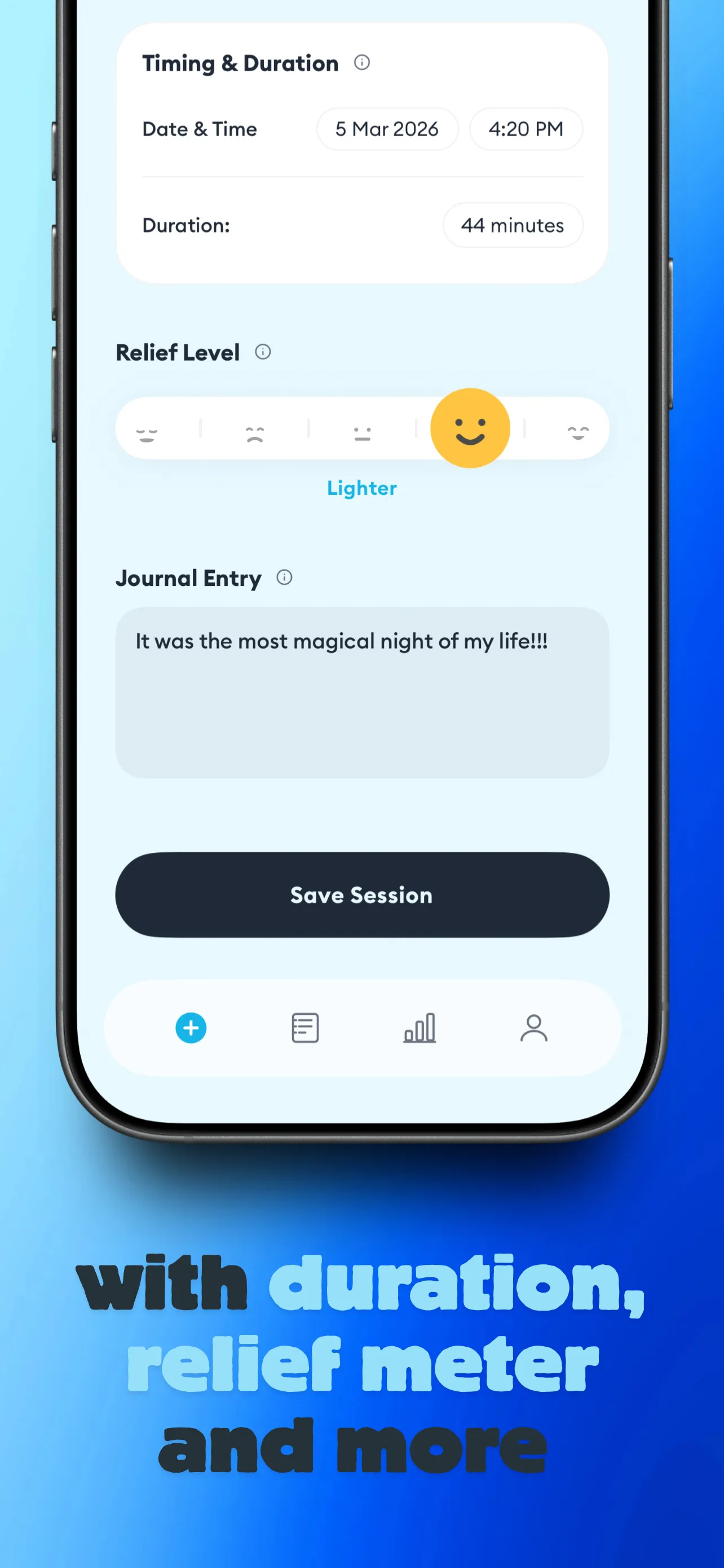 Session details — timing, relief level, journal entry
